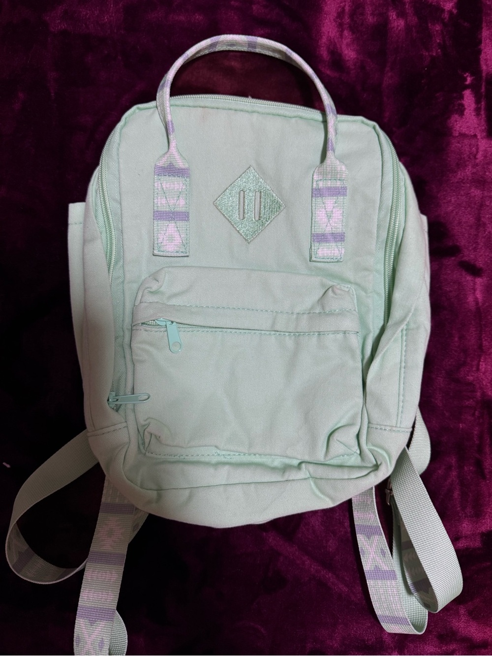Mint Green Canvas Backpack with Patterned Straps